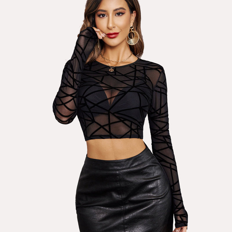 Black mesh crop top with geometric pattern and black leather skirt. Women's lingerie fashion.