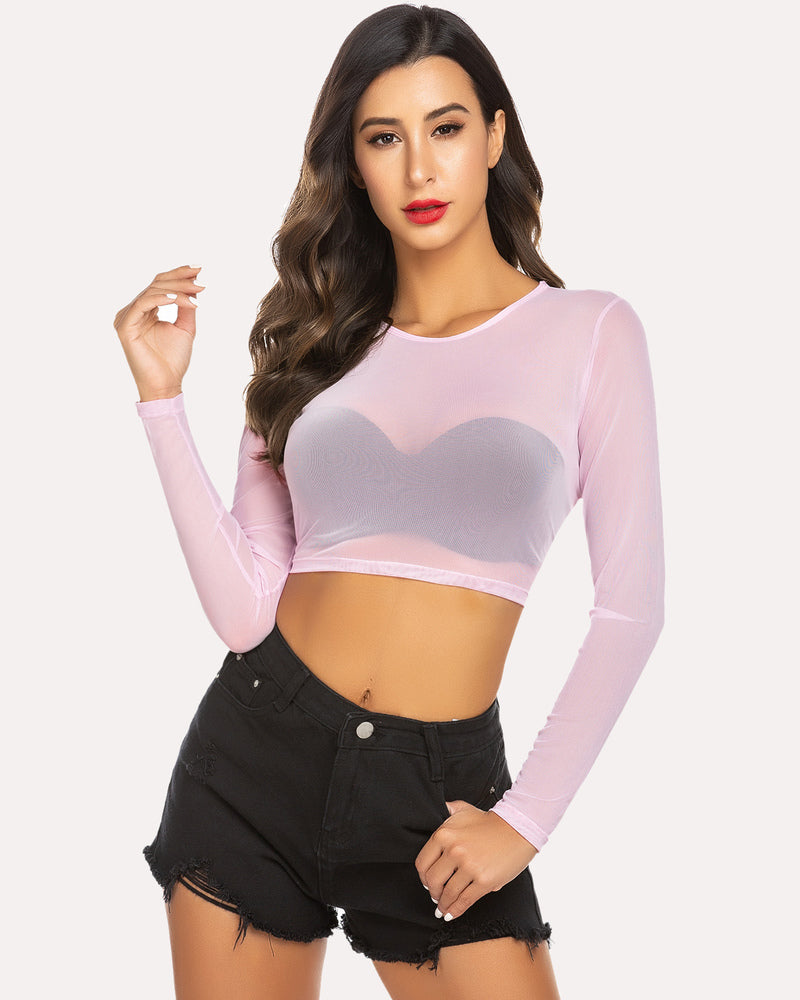 Pink mesh crop top, long sleeve, paired with black denim shorts. Stylish lingerie by Avidlove.