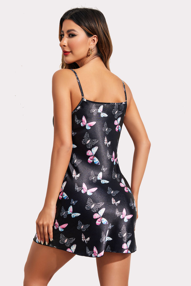 Black butterfly print satin mini slip nightwear with adjustable straps; comfortable and silky