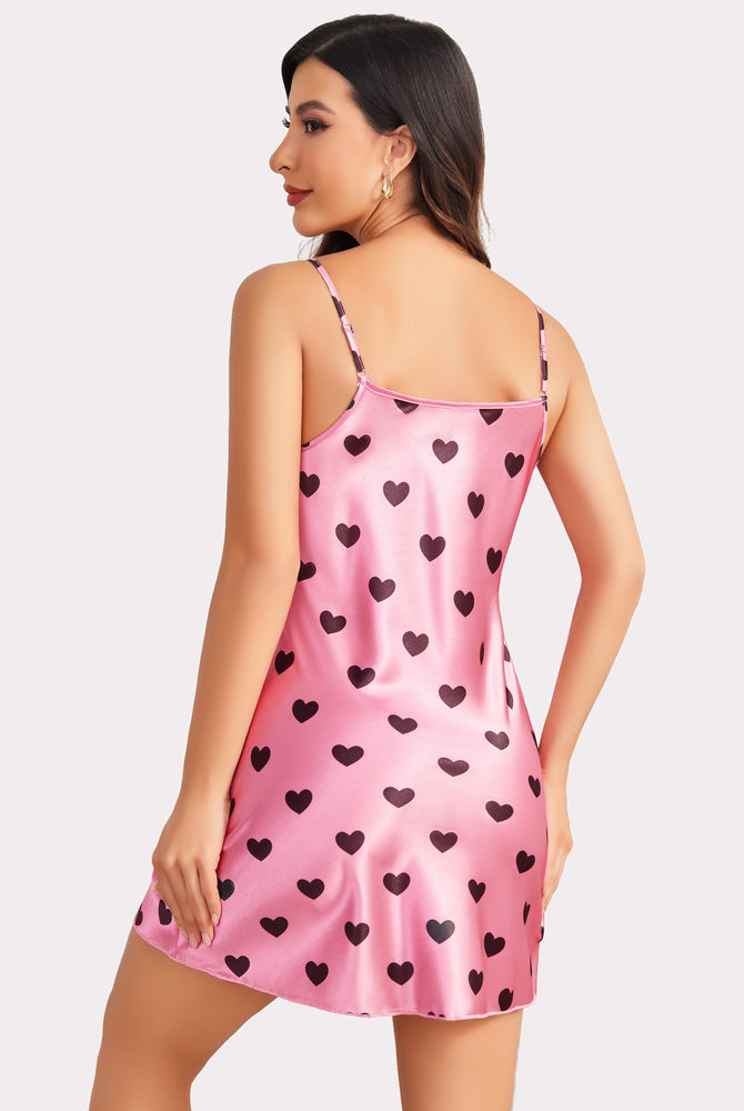 Pink heart-print satin mini slip nightwear; adjustable straps, comfortable fit, ideal lingerie
