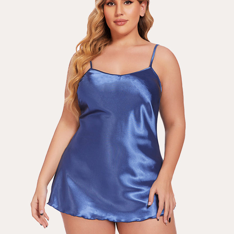 Navy blue satin mini slip nightwear, adjustable straps, silky smooth fabric for women.