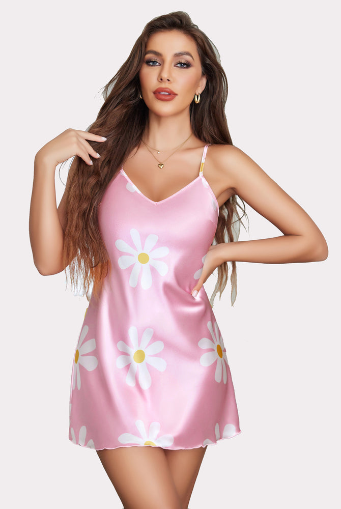 Pink satin mini slip nightwear with daisy floral print, adjustable straps, and comfortable fit.