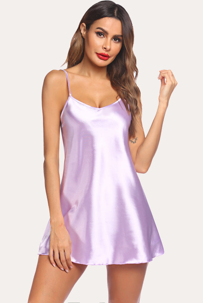 Light purple satin mini slip nightgown with adjustable straps, silky and smooth, for confidence