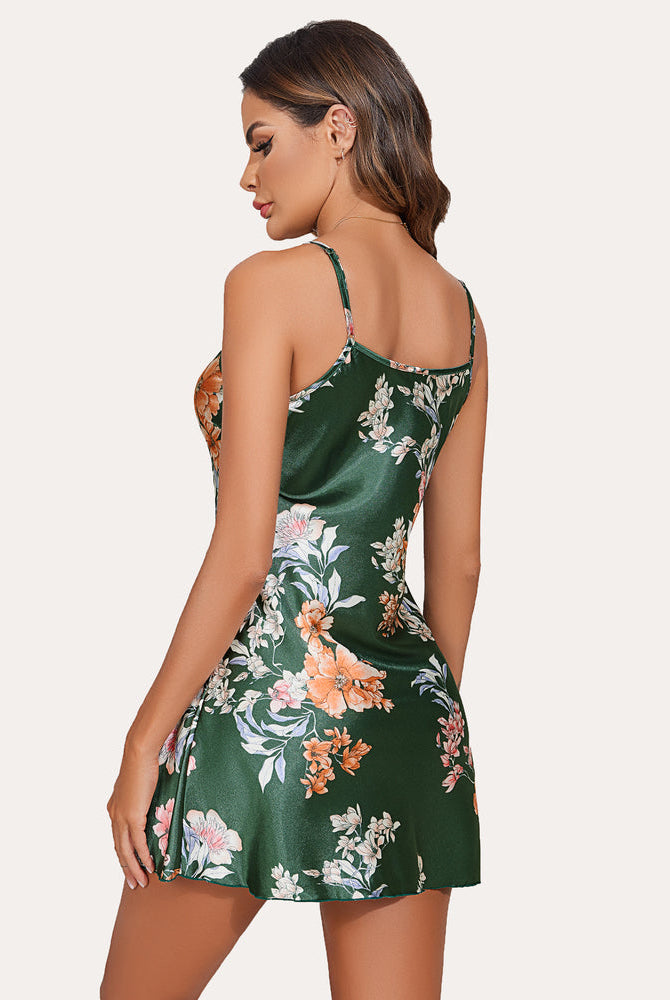 Green floral satin mini slip dress, comfortable and sexy lingerie by Avidlove