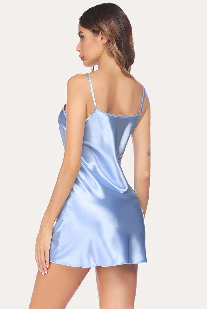 Light blue satin mini slip dress with adjustable straps, a comfortable and flattering lingerie piece