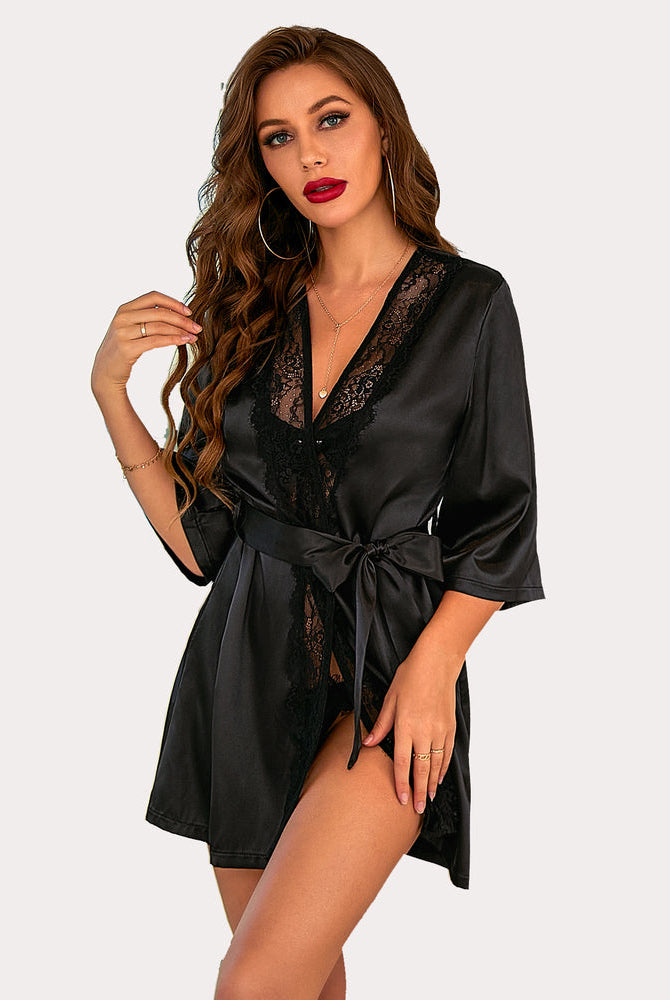 Avidlove Black Satin Kimono Robe with Lace Detail and Sash Tie - Sensual Lingerie