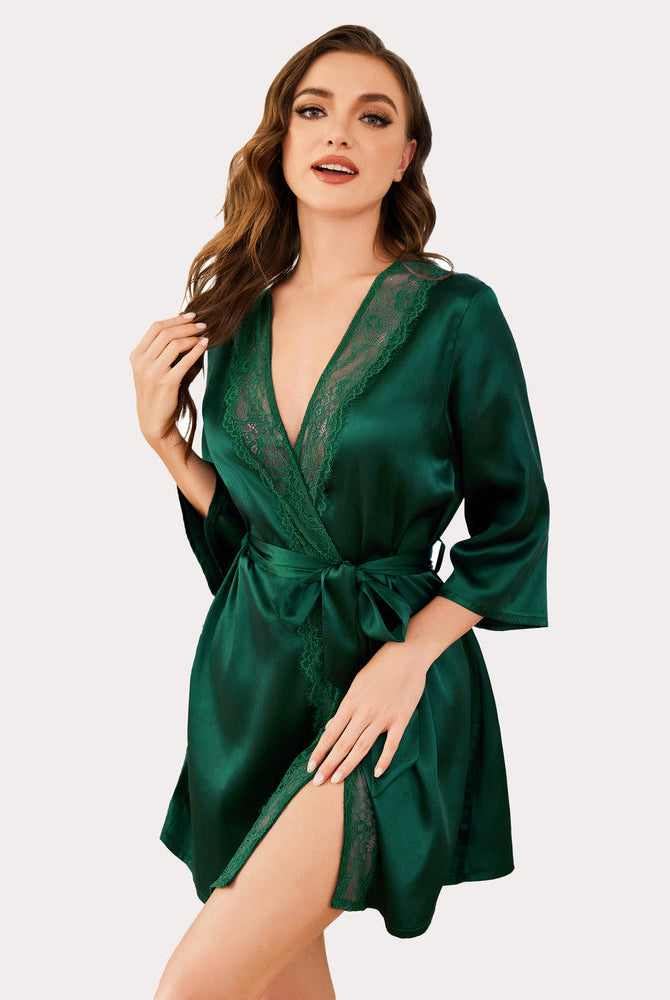 Emerald green satin kimono robe with lace detail from Avidlove. Short, silky robe for women.