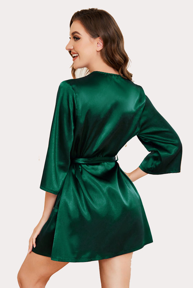 Avidlove emerald green satin short kimono robe with sash tie. Comfortable, elegant, silky fabric.