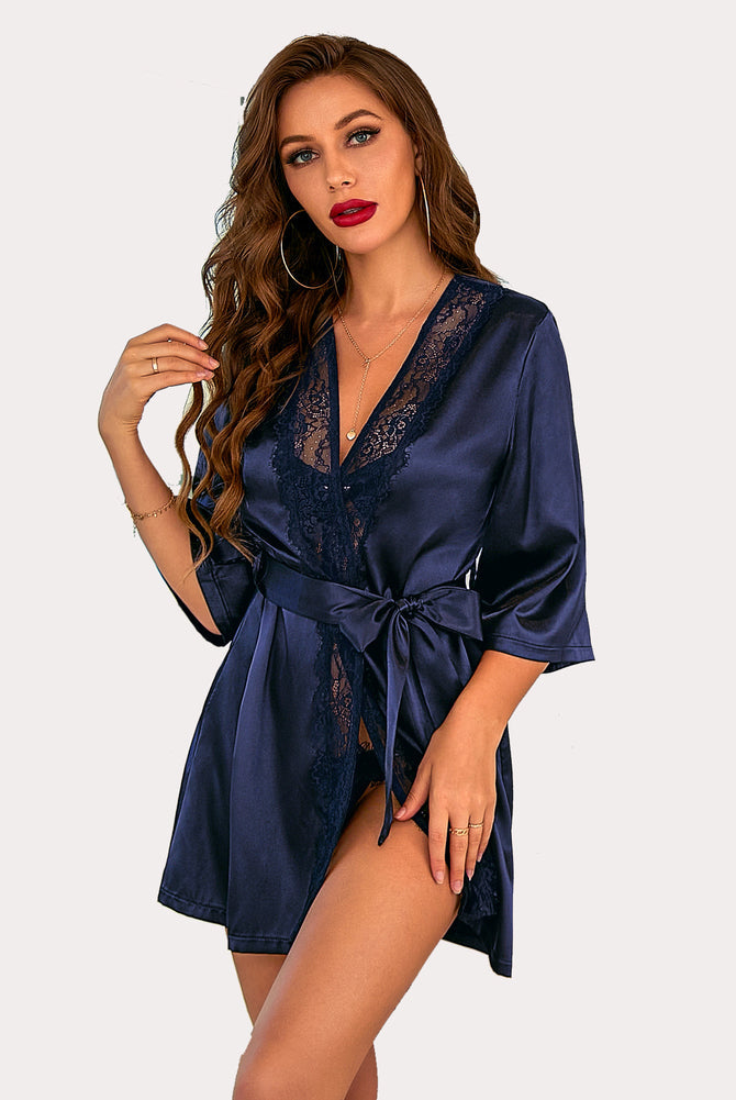 Navy blue satin short kimono robe with lace detail and sash tie, Avidlove sensual lingerie.