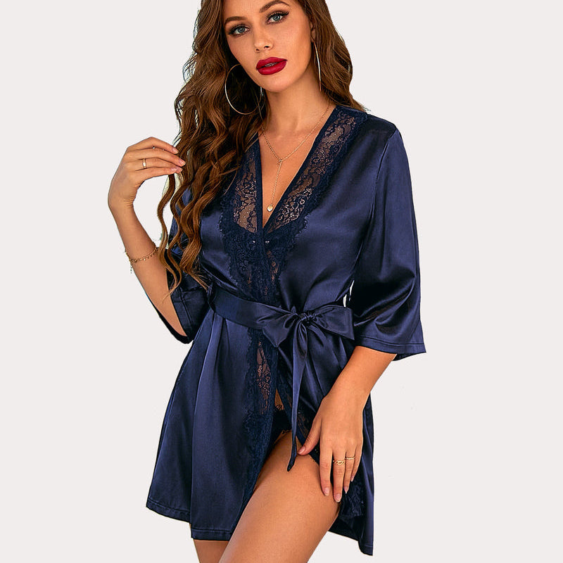 Navy blue satin short kimono robe with lace detail and sash tie, Avidlove sensual lingerie.