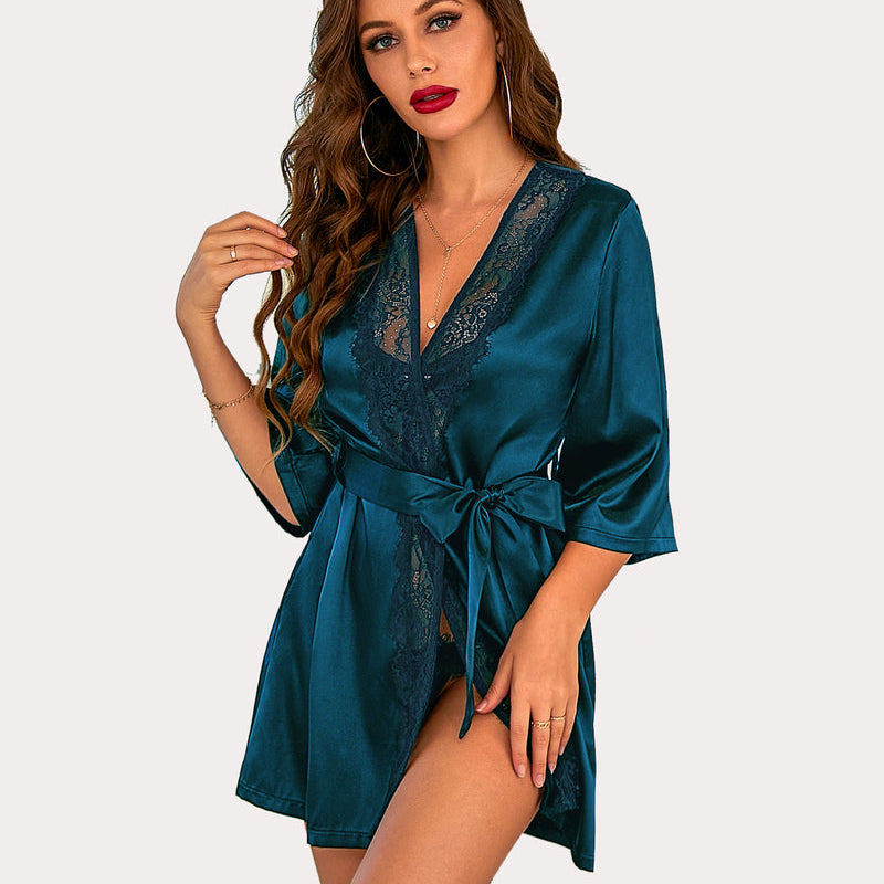 Teal satin short kimono robe with lace detail and sash tie. Silky and elegant Avidlove lingerie.