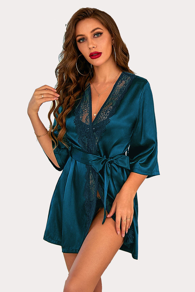 Teal satin short kimono robe with lace detail and sash tie. Silky and elegant Avidlove lingerie.