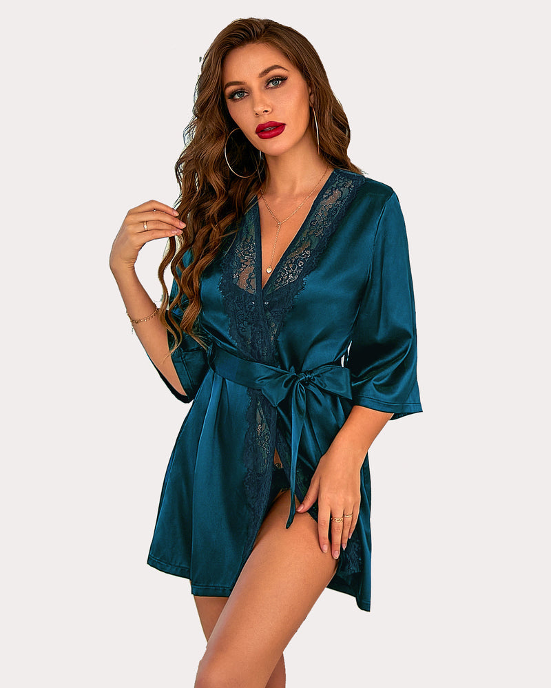 Teal satin short kimono robe with lace detail and sash tie. Silky and elegant Avidlove lingerie.