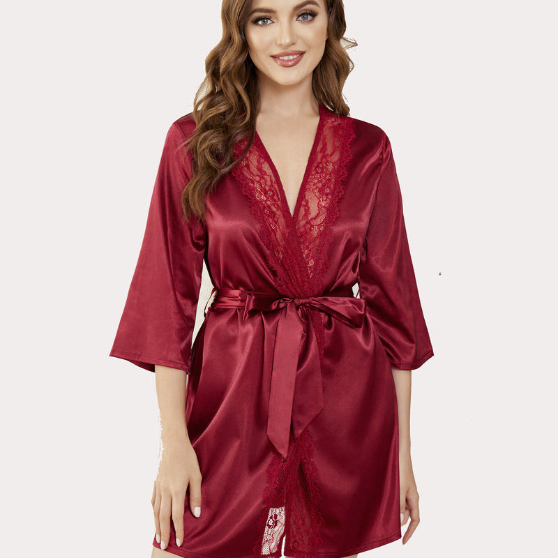 Avidlove burgundy satin short kimono robe with lace detail, silky fabric and sash tie.