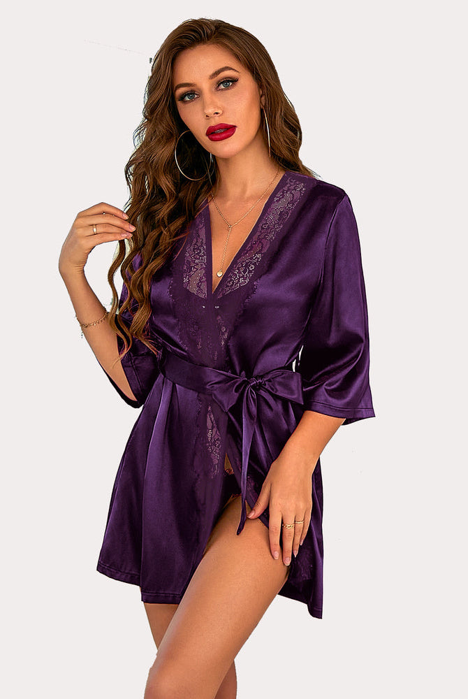 Avidlove short purple satin kimono robe with lace detail and sash tie, sensual lingerie