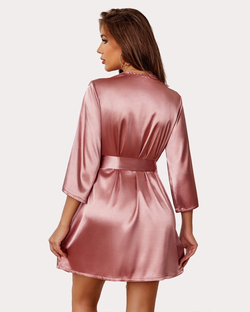 Avidlove dusty rose satin short kimono robe with sash tie, elegant and silky fabric.