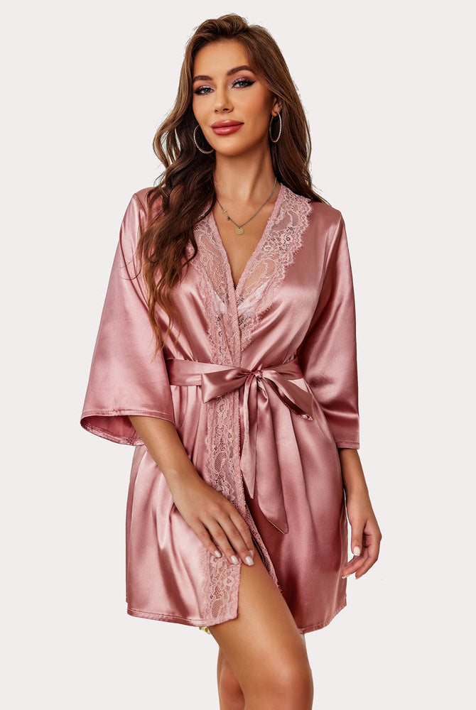 Avidlove Dusty rose satin short kimono robe with lace detail and sash tie for a sensual look