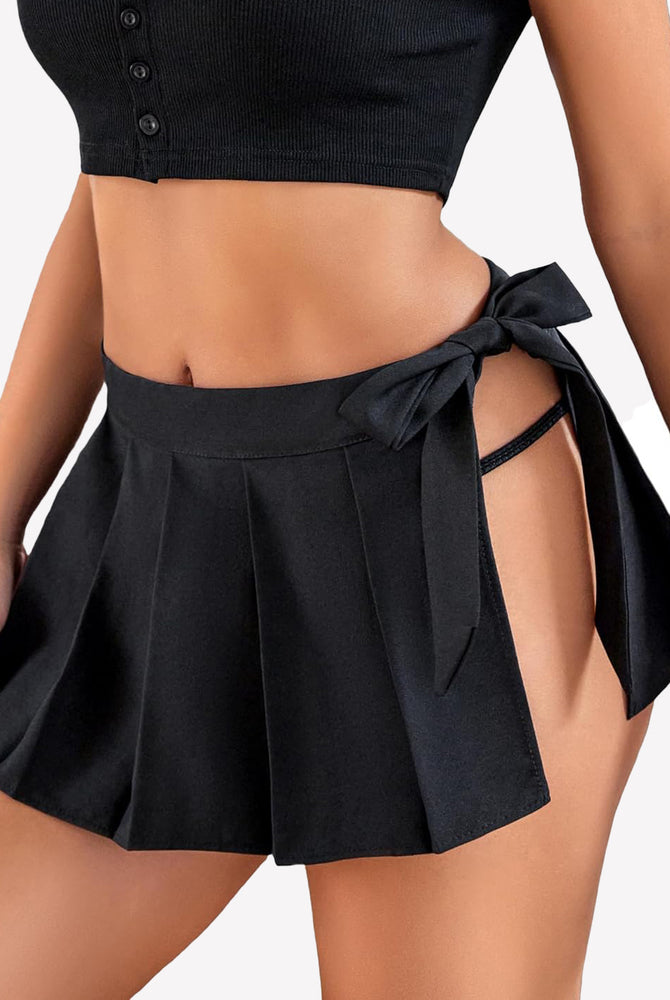 Black pleated mini skirt with side lace-up design and bow, perfect for role play