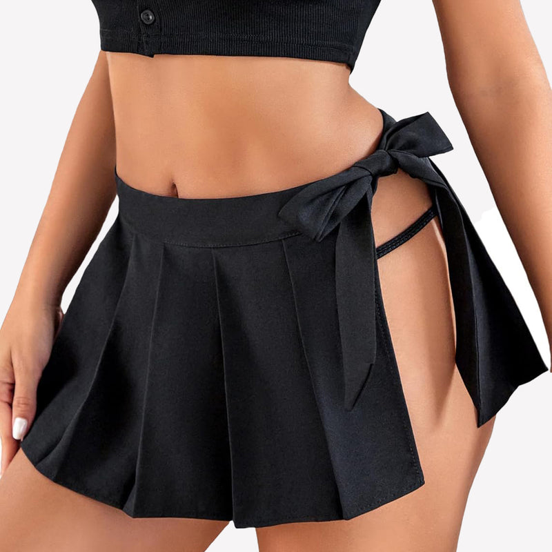 Black pleated mini skirt with side lace-up design and bow, perfect for role play
