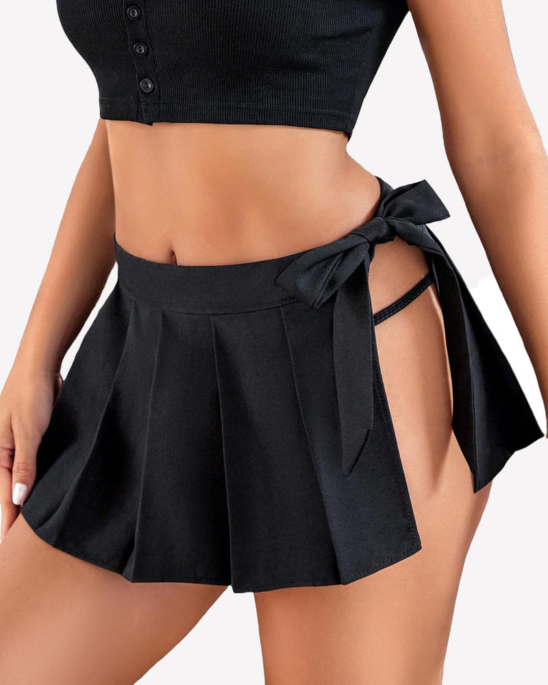 Black pleated mini skirt with side lace-up design and bow, perfect for role play