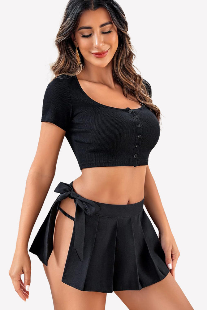 Black pleated mini skirt and crop top set, side lace-up design, perfect for role play
