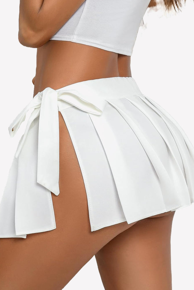 White pleated mini skirt with side tie design, role play outfit. Polyester Spandex, flirty.
