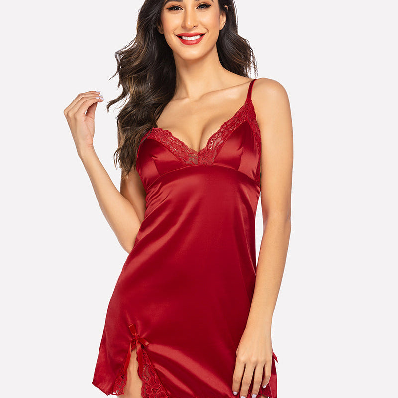 Avidlove crimson red satin V-neck mini nightgown with lace trim, sexy lingerie for women.