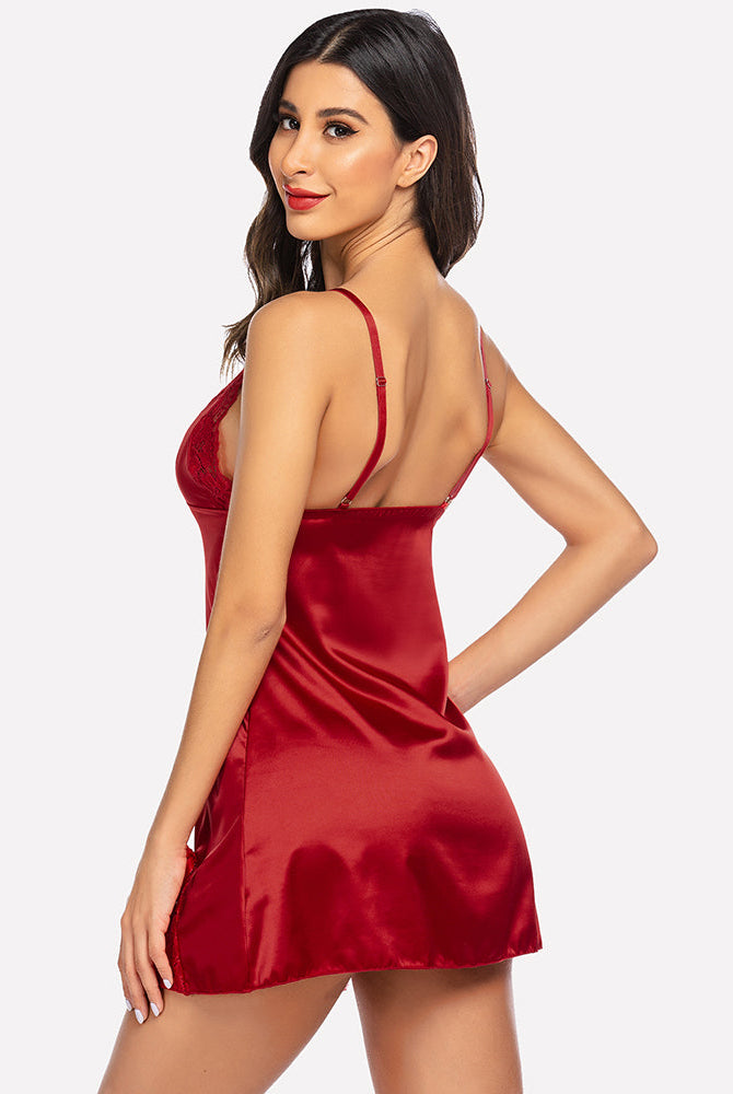 Burgundy Avidlove satin mini dress with lace trim and spaghetti straps. Sexy lingerie for women.
