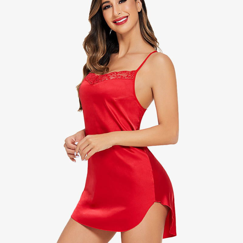 Red satin lace nightgown with scalloped lace neckline and thin straps, short length