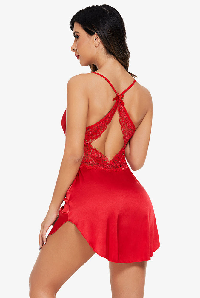 Red satin lace nightgown with lace open-back and crisscross spaghetti straps, short hem