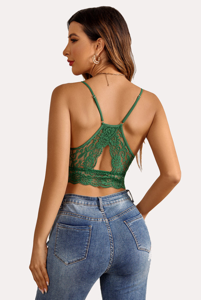 Green lace racerback bralette crop top and jeans, comfortable and stylish lingerie for women.