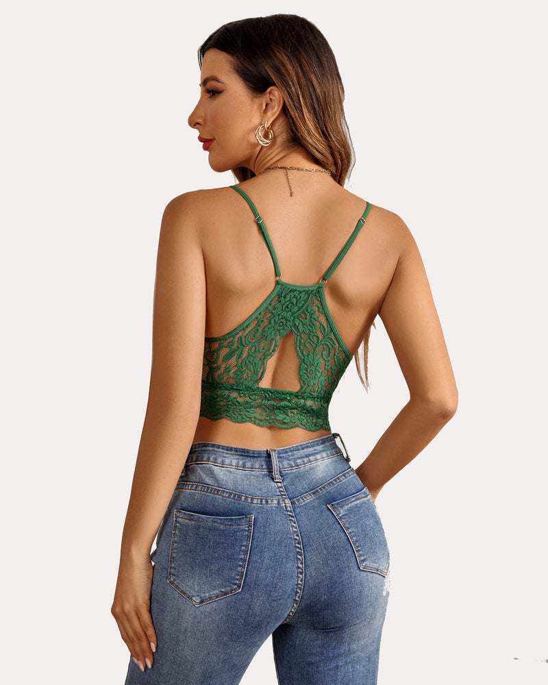 Green lace racerback bralette crop top and jeans, comfortable and stylish lingerie for women.