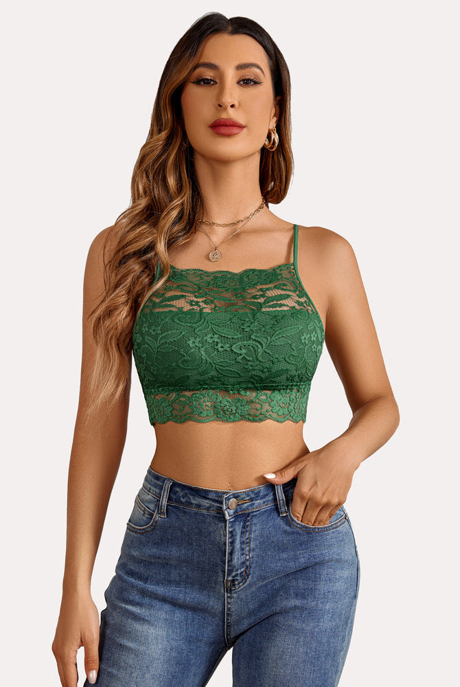 Green lace racerback bralette, stylish and comfortable lingerie with adjustable straps.