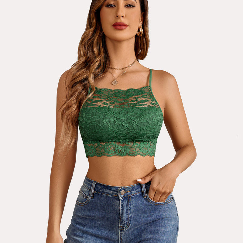 Green lace racerback bralette, stylish and comfortable lingerie with adjustable straps.