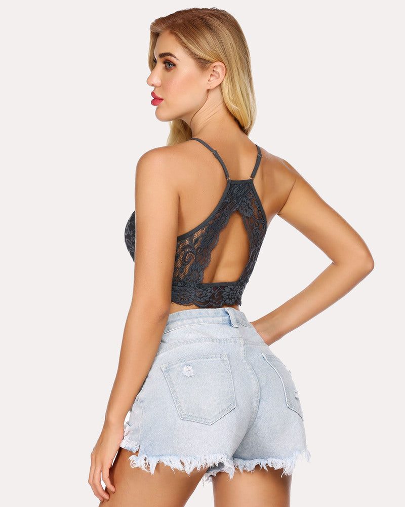 Gray lace racerback bralette crop top, denim shorts. Comfortable and stylish lingerie.