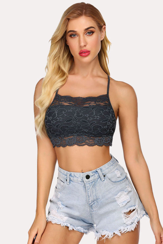 Gray lace bralette and denim shorts. Comfortable lingerie with adjustable straps and lace details.