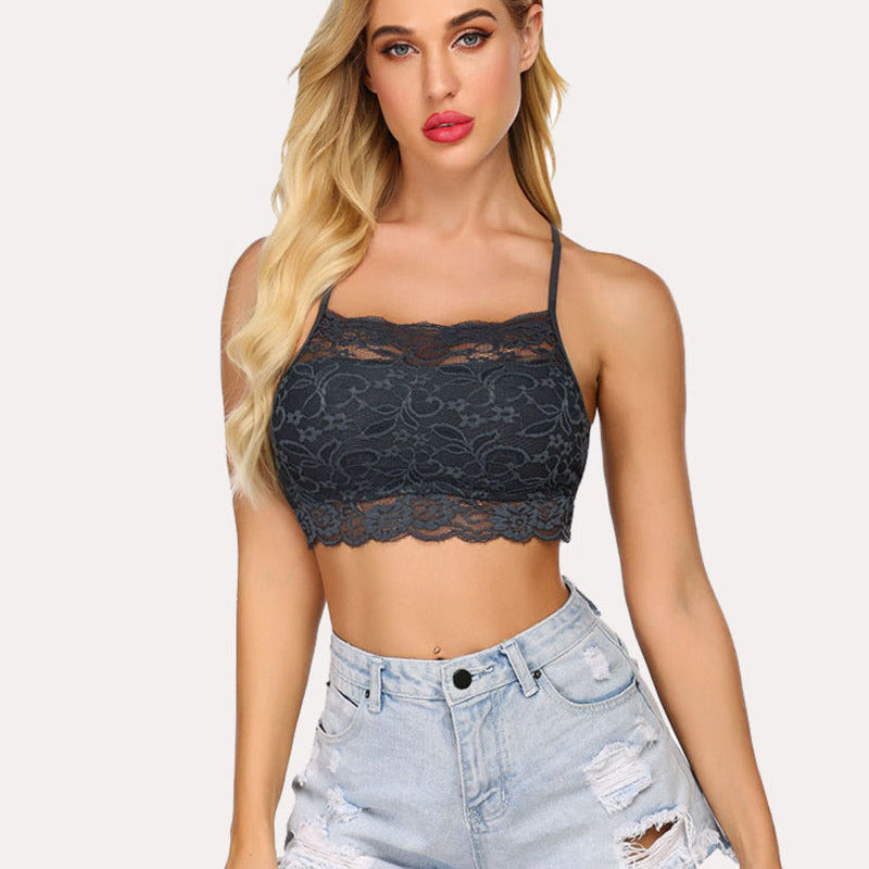 Gray lace bralette and denim shorts. Comfortable lingerie with adjustable straps and lace details.