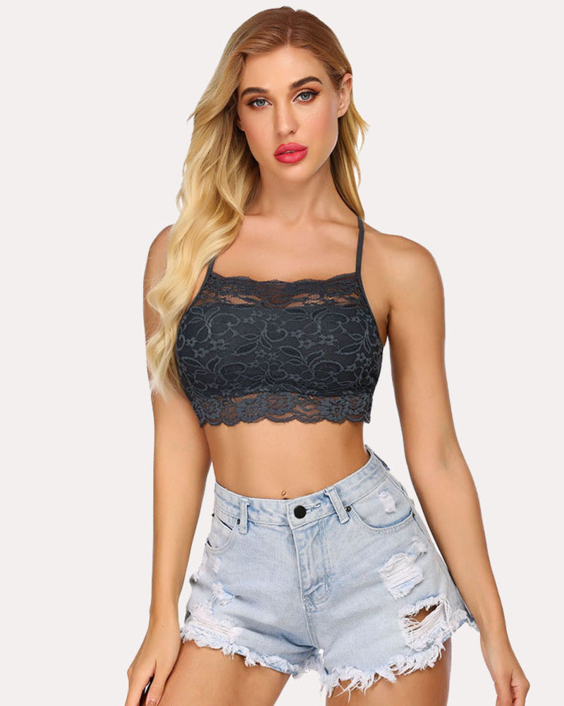 Gray lace bralette and denim shorts. Comfortable lingerie with adjustable straps and lace details.