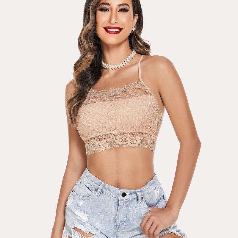Beige lace racerback bralette crop top, paired with denim shorts. Comfortable and stylish lingerie.