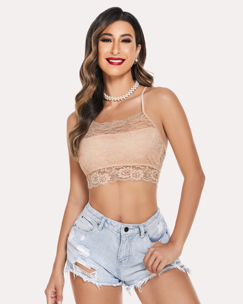 Beige lace racerback bralette crop top, paired with denim shorts. Comfortable and stylish lingerie.