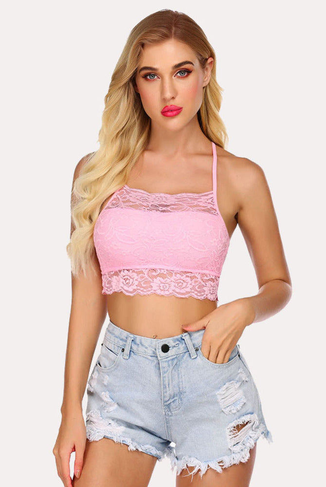 Pink lace racerback crop top with denim shorts. Comfortable and stylish lingerie.