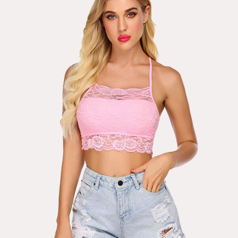 Pink lace racerback crop top with denim shorts. Comfortable and stylish lingerie.