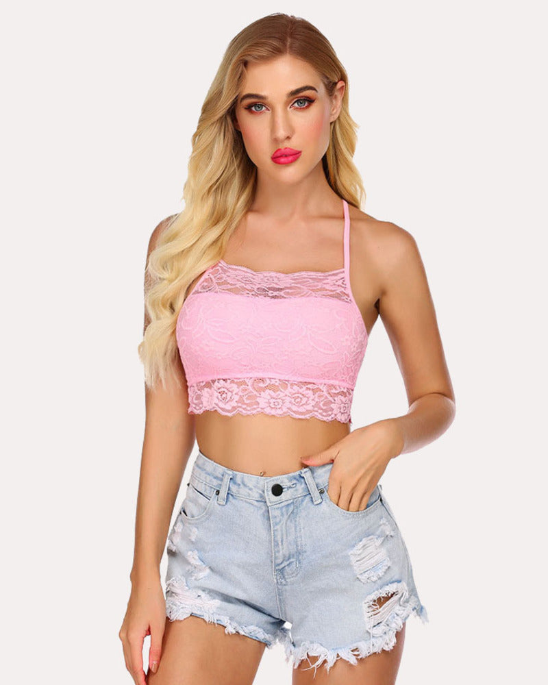 Pink lace racerback crop top with denim shorts. Comfortable and stylish lingerie.