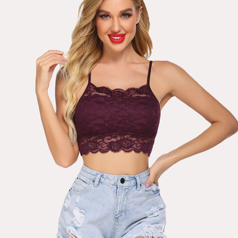 Burgundy lace bralette crop top with denim shorts. Comfortable and stylish women's lingerie.