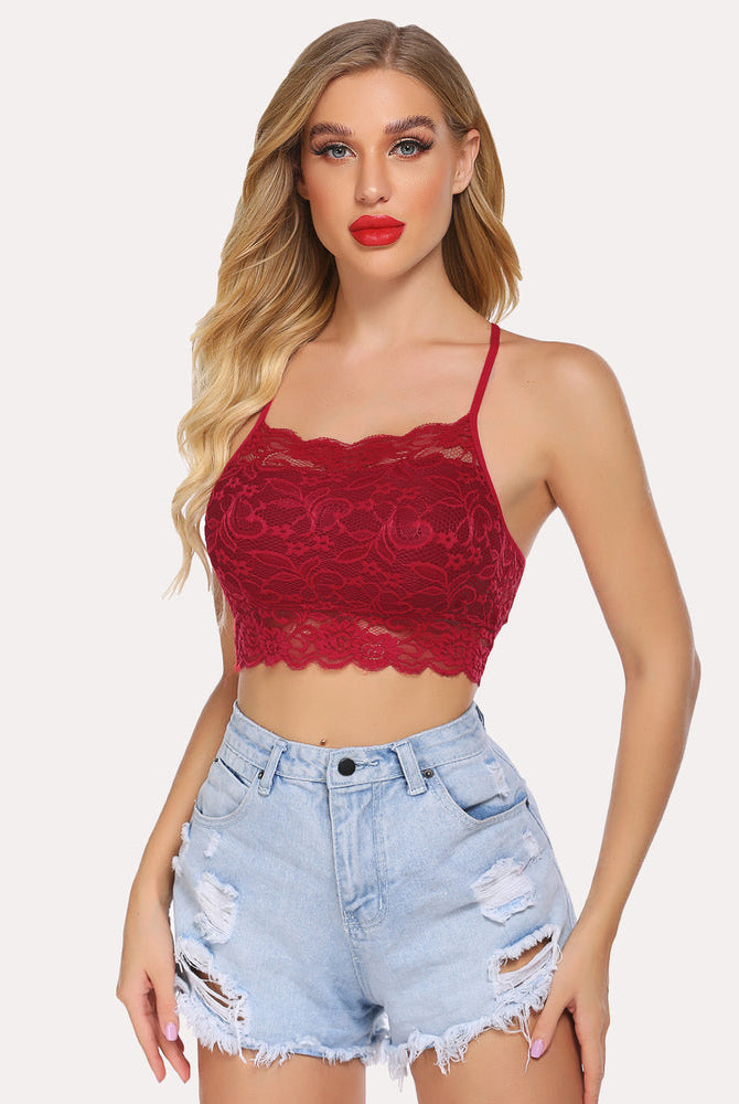 Burgundy lace racerback bralette and denim shorts. Stylish lingerie for women.