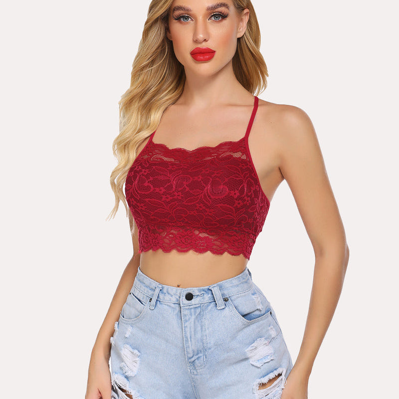 Burgundy lace racerback bralette and denim shorts. Stylish lingerie for women.
