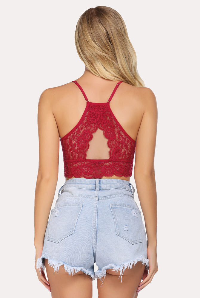 Red lace racerback bralette crop top with denim shorts. Stylish and comfortable women's lingerie.