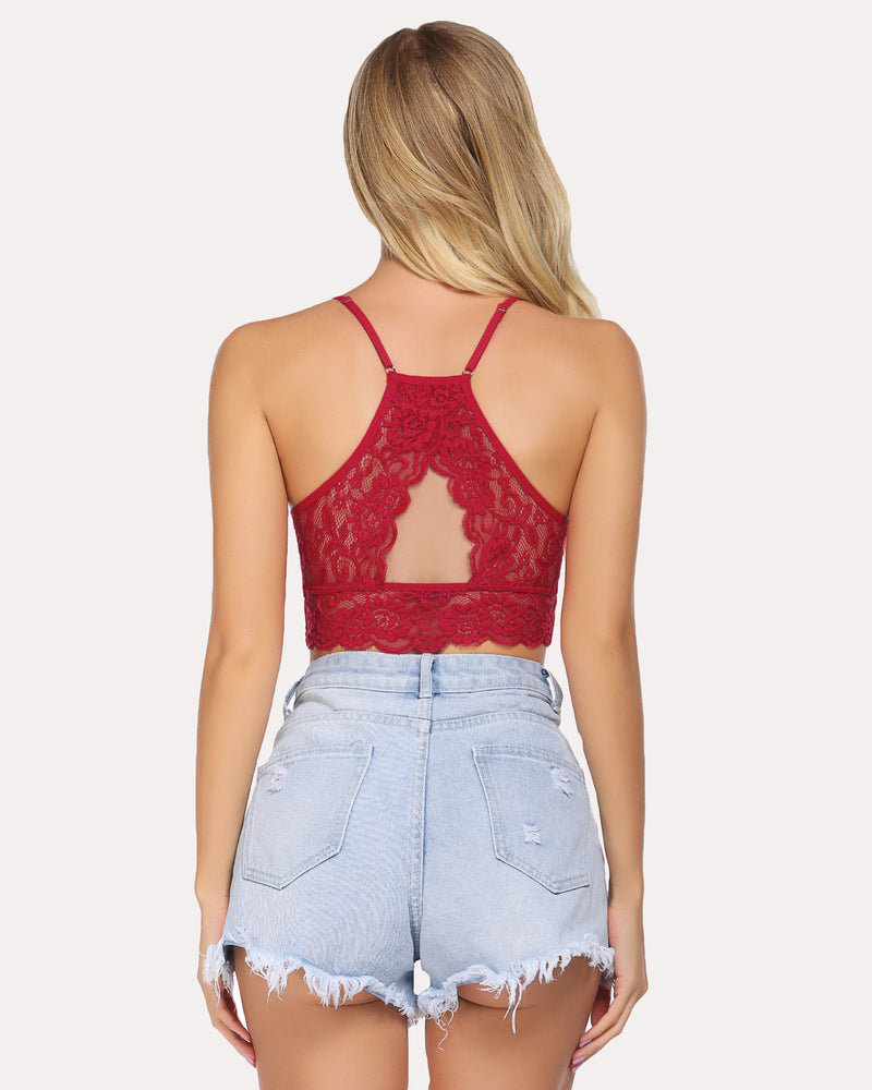 Red lace racerback bralette crop top with denim shorts. Stylish and comfortable women's lingerie.