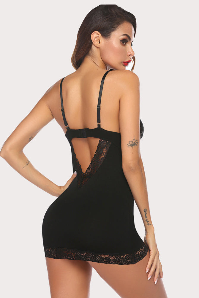 Avidlove black lace chemise sleepwear, bodycon style, V-neck with lace trim