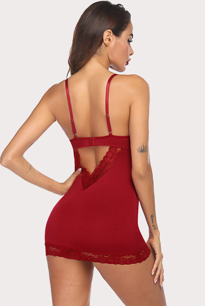 Avidlove red lace chemise sleepwear, bodycon fit, V-neck with adjustable straps and lace details